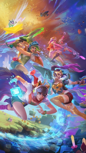 League of Legends characters in a digital arcade world