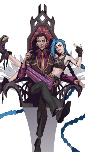 Jinx and Silco from Arcane sitting on a throne