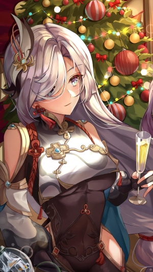 Shenhe from Genshin Impact with a Christmas Tree