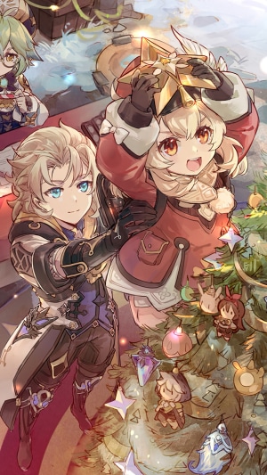 Klee and Albedo from Genshin Impact decorating a Christmas tree