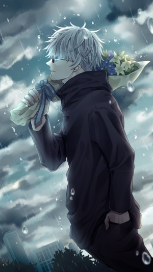 Satoru Gojo from Jujutsu Kaisen holding flowers in the rain