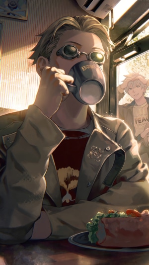 Kento Nanami from Jujutsu Kaisen drinking coffee