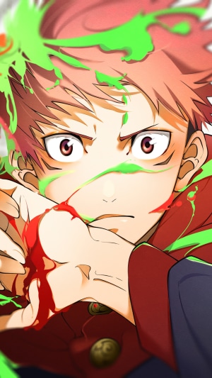 Yuji Itadori from Jujutsu Kaisen splattered with blood and slime