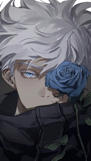 Satoru Gojo from Jujutsu Kaisen with a blue rose