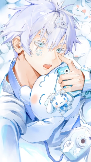 Anime boy with Cinnamoroll plushie