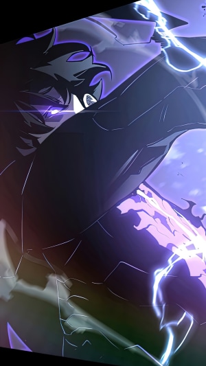 Sung Jinwoo from Solo Leveling with purple energy