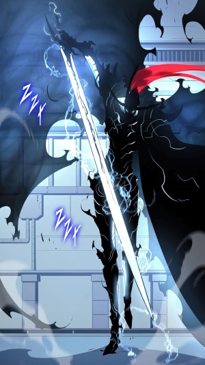 Sung Jinwoo from Solo Leveling with shadow armor and sword