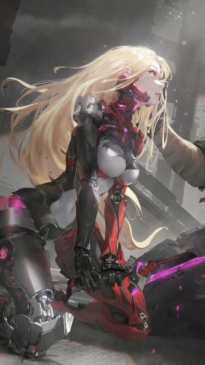 Cybernetic woman with blonde hair in red and black armor