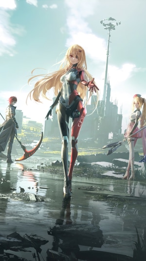 Characters from Tower of Fantasy in a post-apocalyptic landscape