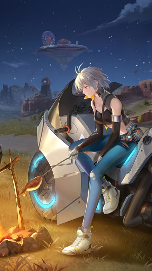 Girl cooking fish by campfire next to motorcycle in Tower of Fantasy