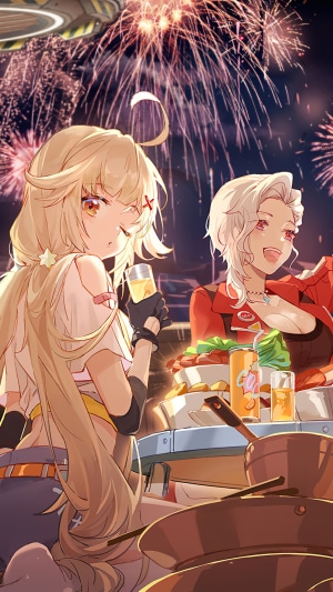Two girls celebrating with fireworks and food