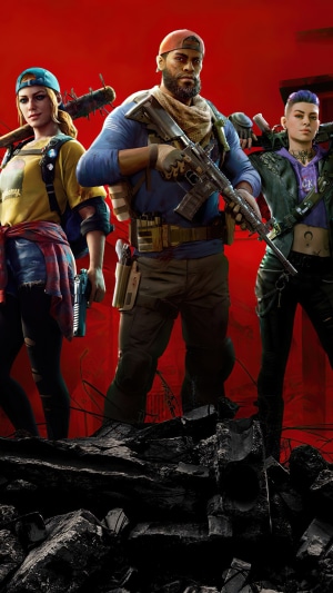 Back 4 Blood characters standing in front of a red background