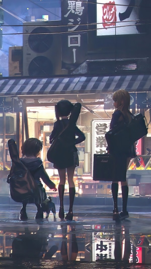 Anime girls with guitars in a rainy city