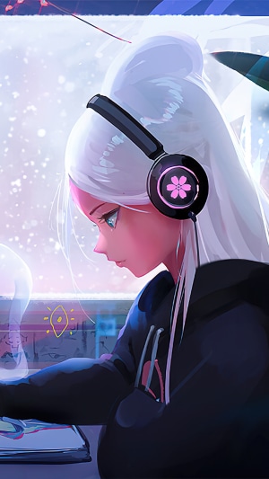 Anime girl with headphones listening to music
