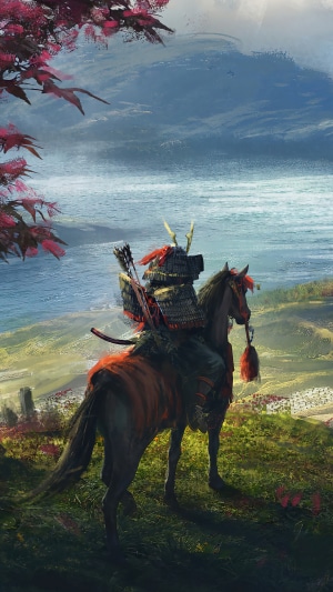 Samurai warrior on horseback overlooking a landscape