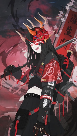 Anime girl with oni mask and katana