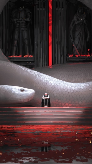 A person sits before a giant snake in a dark hall