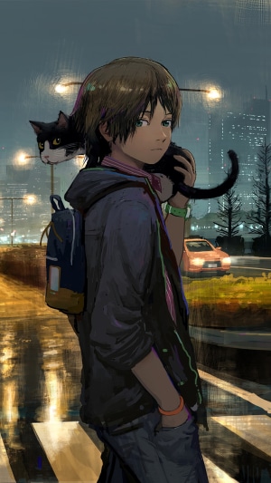 Anime boy with cat on shoulder at night city street
