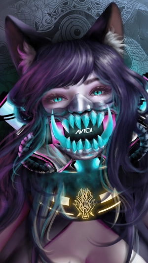Anime girl with Oni mask and fox ears