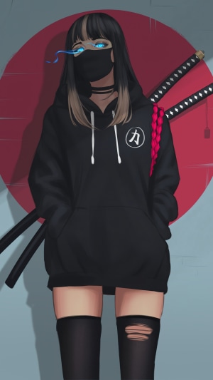 Anime girl with glowing eyes and swords