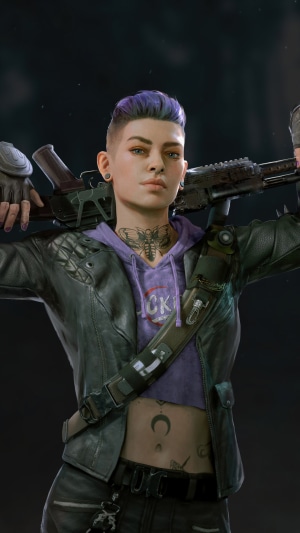 Woman with purple hair and tattoos holding a rifle