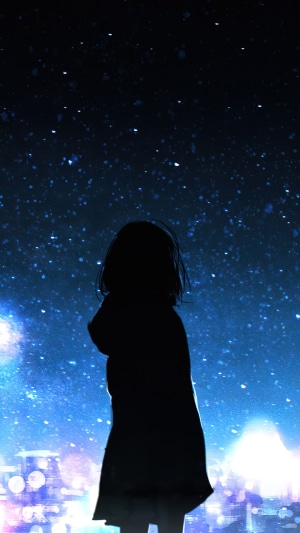 Anime girl silhouette against starry night sky over city