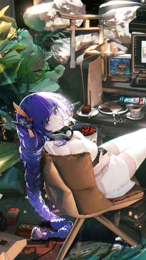 Anime girl with purple hair playing video games