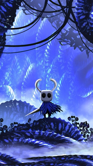 The Knight from Hollow Knight in a blue forest