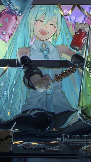 Hatsune Miku holding a skewer and a soda can