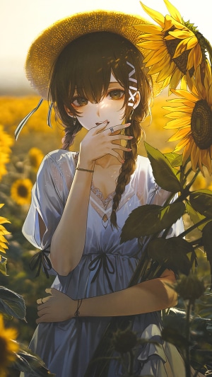 Anime girl with pigtails in a sunflower field