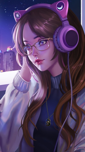 Anime girl with cat ear headphones listening to music