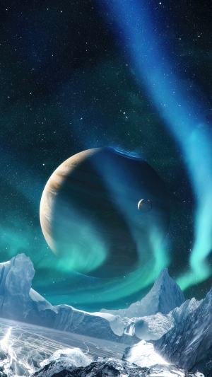 Alien planet with aurora and icy landscape