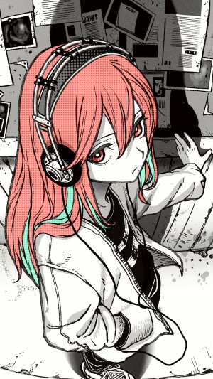 Anime girl with headphones and pink hair