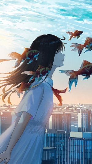 Anime girl with goldfish in city skyline