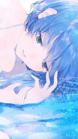 Anime girl with blue hair and green eyes in water