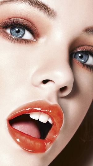 Close-up of Barbara Palvin's face with glossy lips