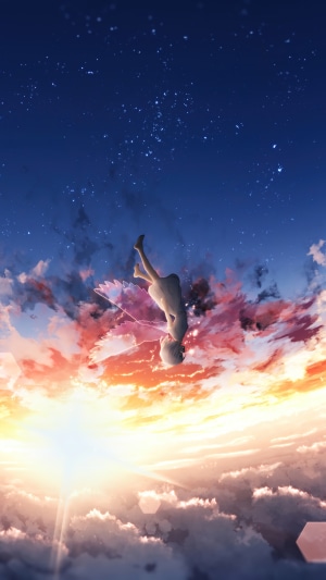 Anime girl falling from the sky with clouds and stars