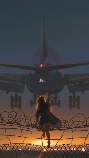 Anime girl with paper airplane and airplane