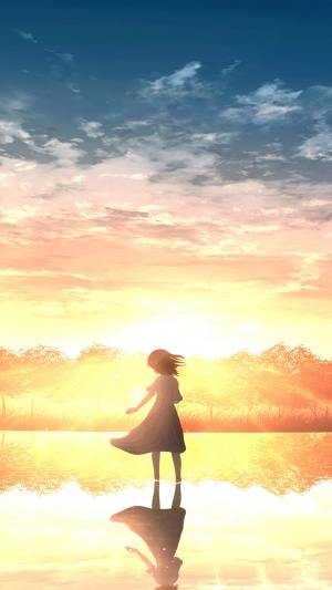 Anime girl by the lake at sunrise