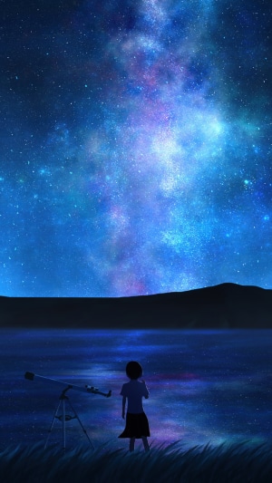 Anime girl stargazing with telescope under galaxy sky