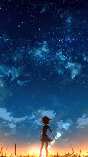 Anime girl looking at starry sky at sunset