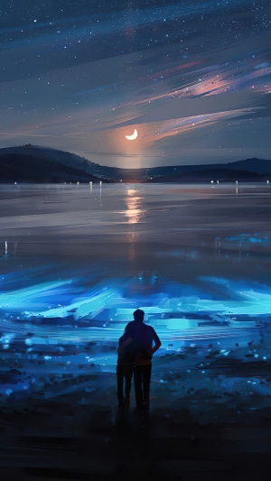 Couple watching the moonlit night sky over a lake