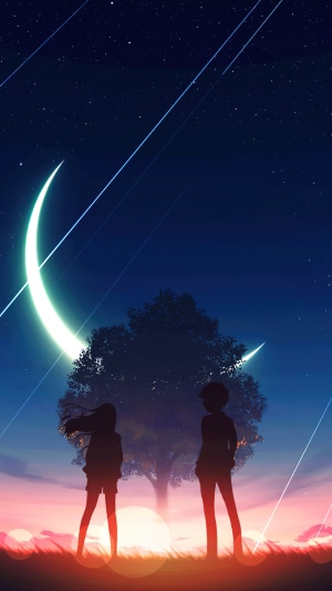 Anime couple under crescent moon and shooting stars