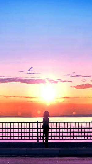 Anime girl watching a sunset over the ocean