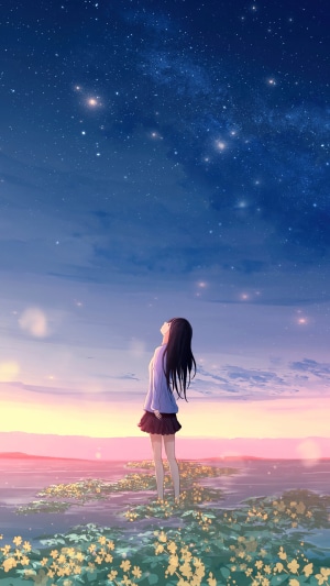 Anime girl looking at the starry sky during sunrise