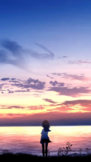 Anime girl watching the sunrise over the ocean