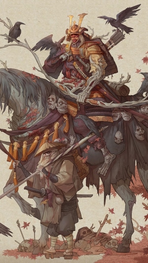 Samurai warrior on a skeletal horse with crows and a monk