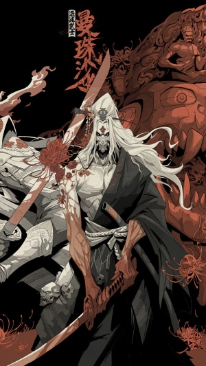 Samurai warrior with mask and long white hair