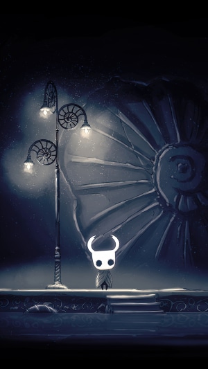 The Knight from Hollow Knight standing under a lamp post