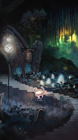 Hollow Knight character sitting on a bench in a mystical forest